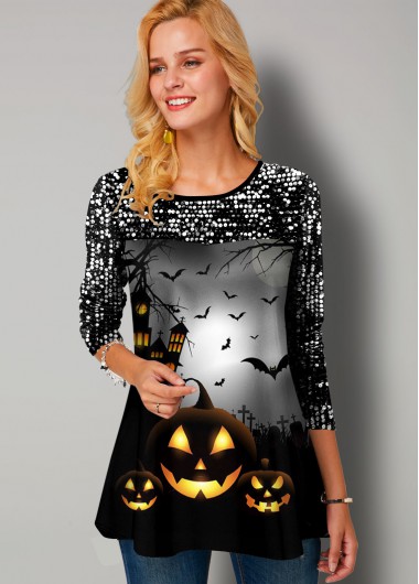 Rosewe Round Neck Halloween Print Sequin Panel T Shirt - XS