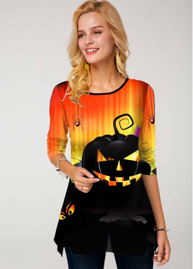 Rosewe Chiffon Panel Halloween Print Round Neck T Shirt - M