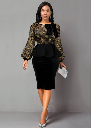 Rosewe Black Dresses Bowknot Lace Panel Sequin Peplum Waist Dress - XS