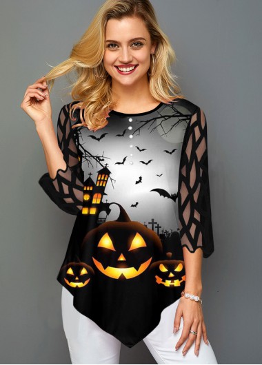 Rosewe Halloween Print Lace Panel Asymmetric Hem T Shirt - XS