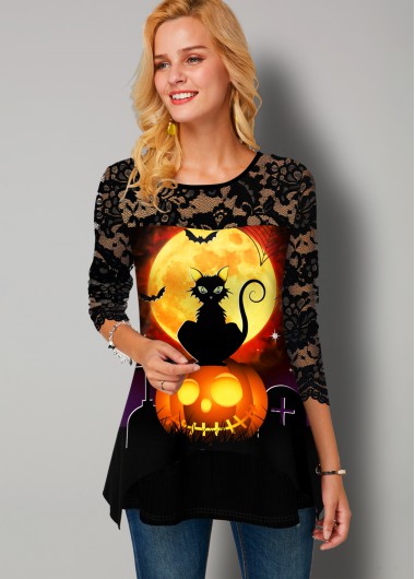 Rosewe Round Neck Halloween Print Lace Panel T Shirt - M