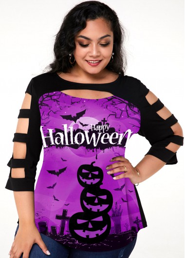 Rosewe Halloween Print Ladder Cutout Plus Size T Shirt - 1X