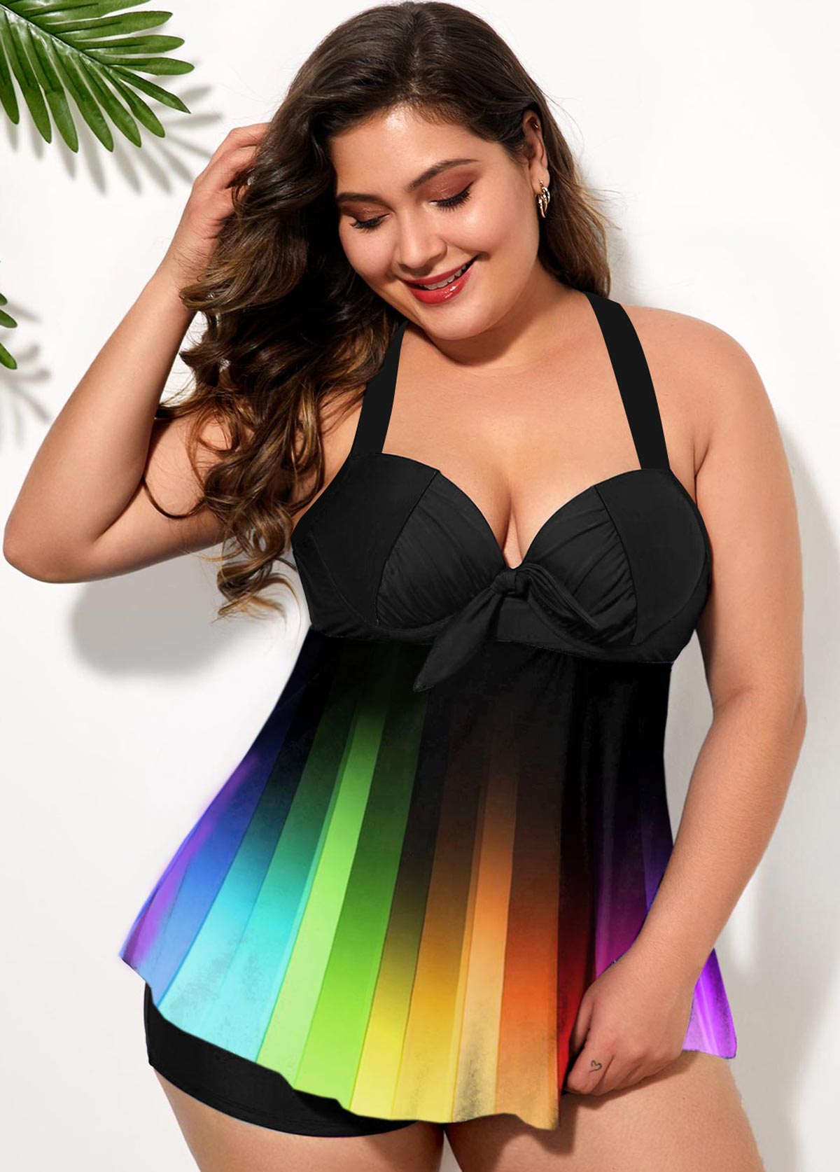Plus Size Rainbow Color Cross Strap Swimdress and Shorts