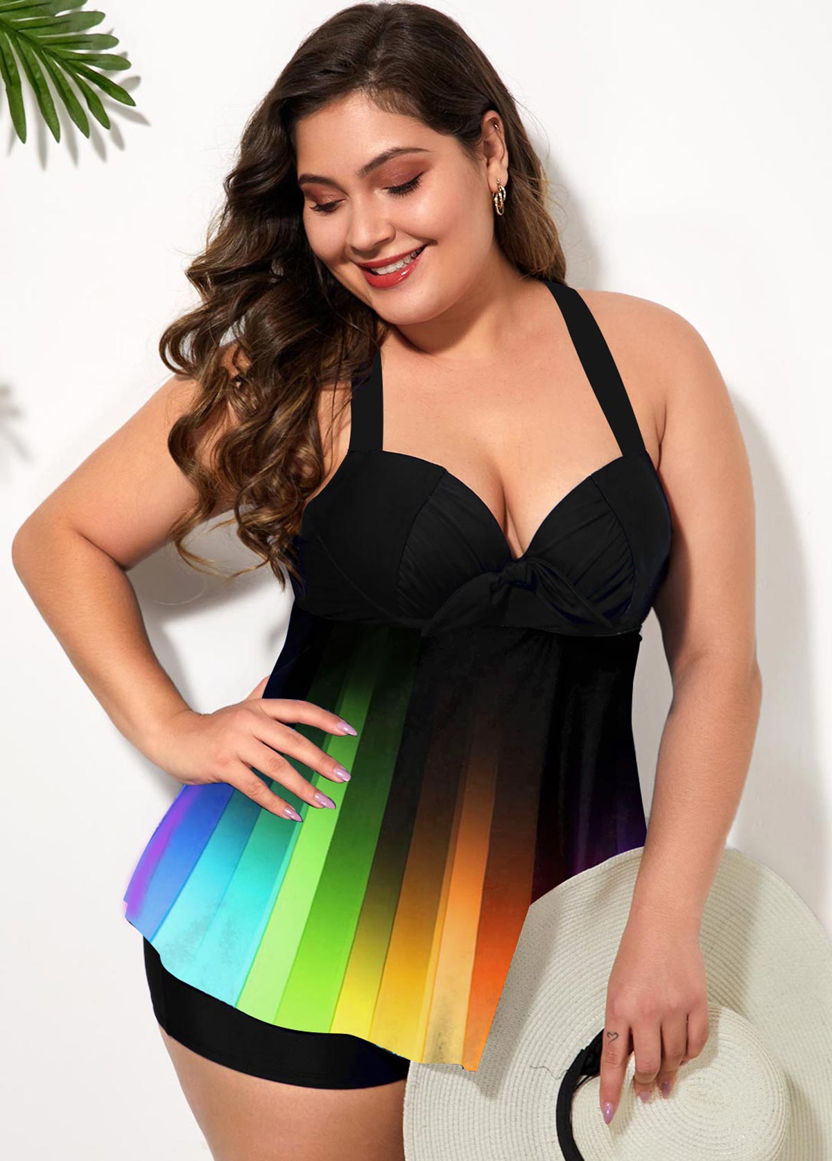 Plus Size Rainbow Color Cross Strap Swimdress and Shorts