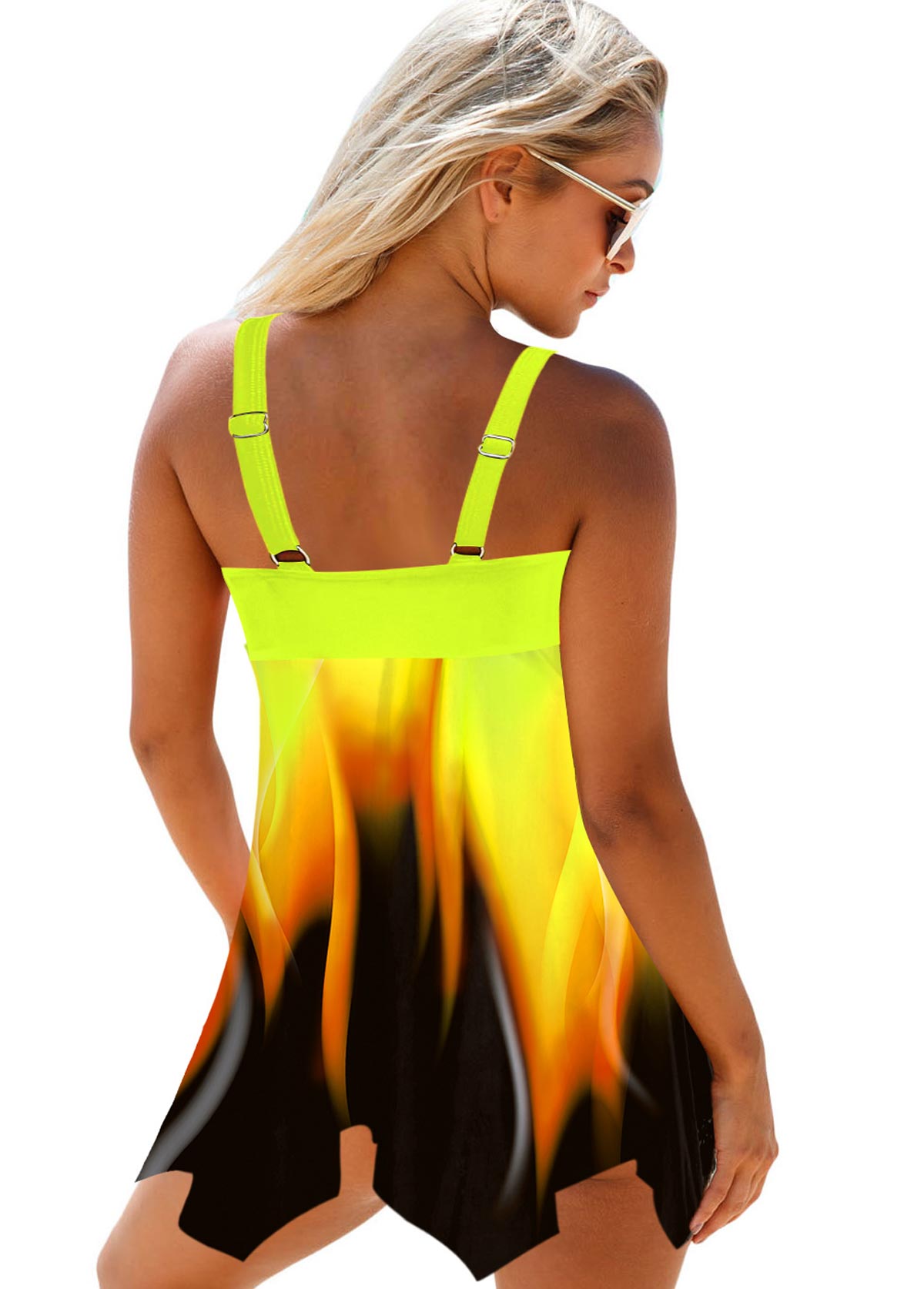 Asymmetric Hem Flame Print Gradient Swimdress and Panty