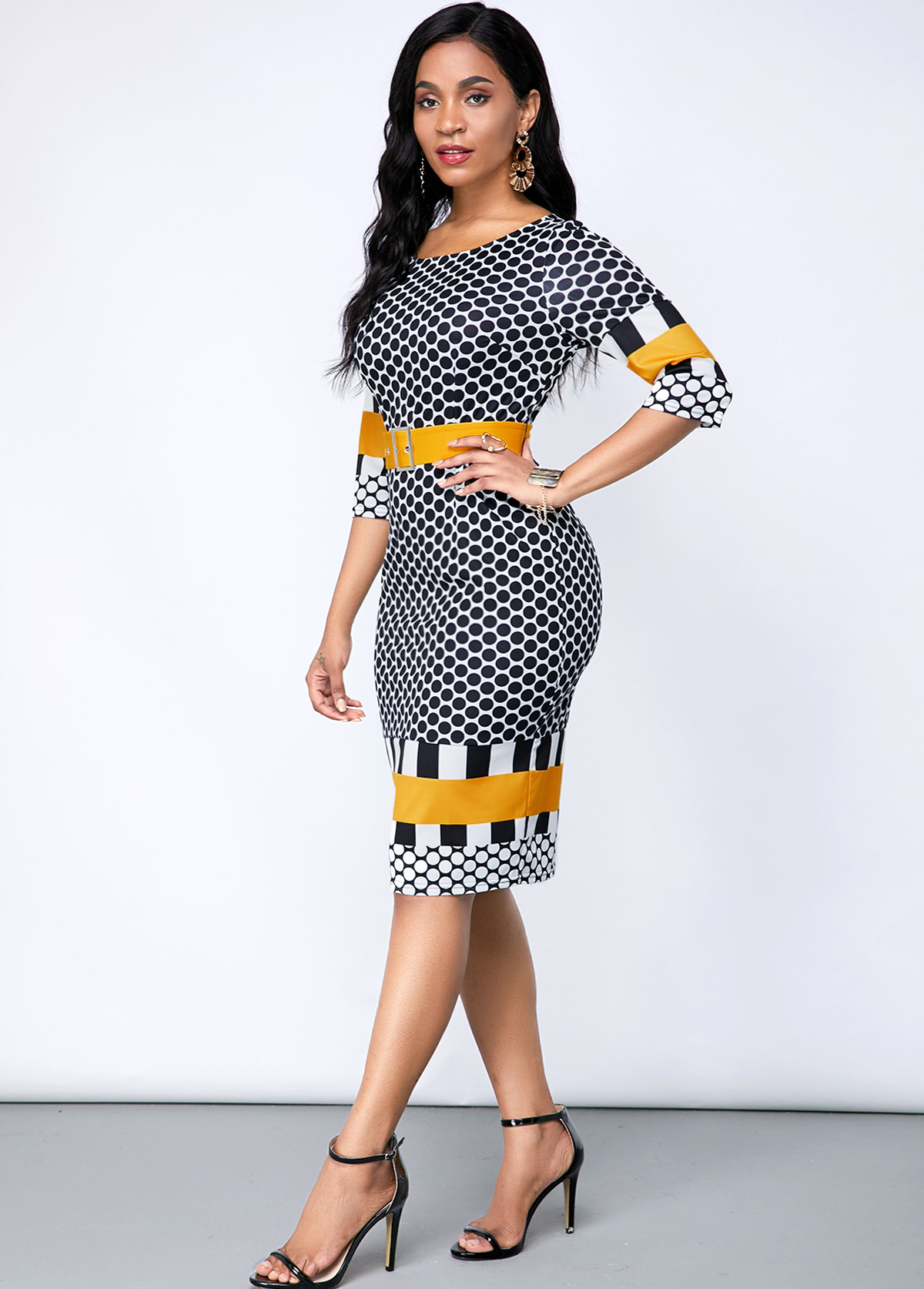 Buckle Belted Geometric Print Round Neck Dress