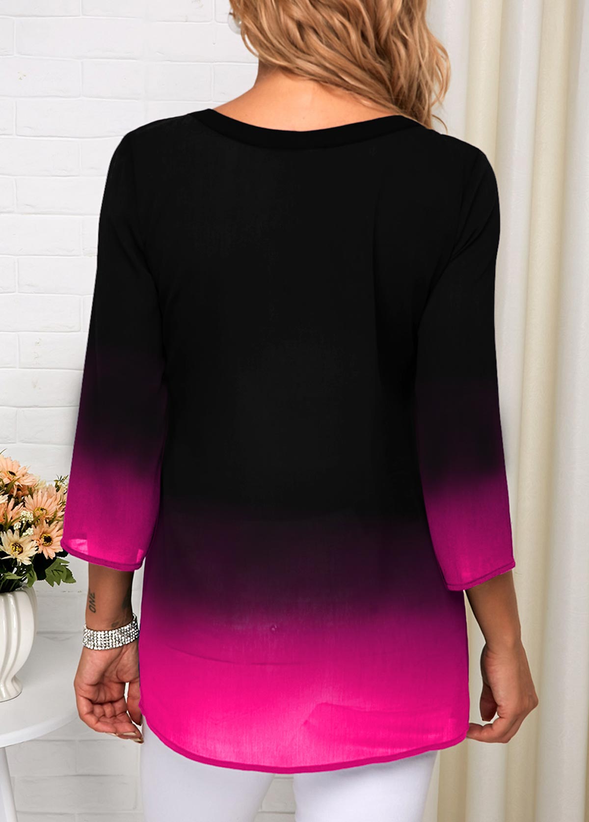 Tribal Print Three Quarter Sleeve Ombre Blouse