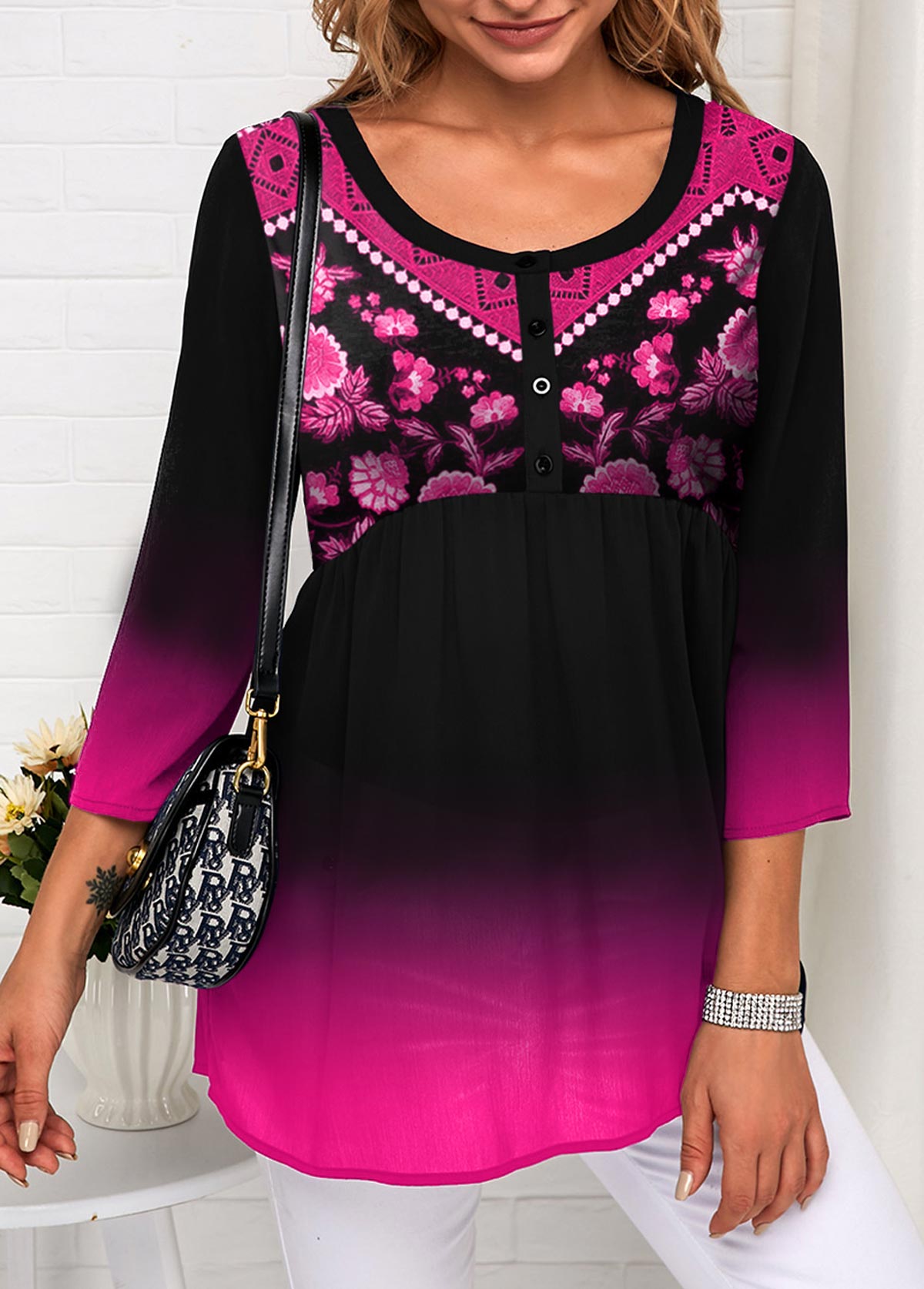 Tribal Print Three Quarter Sleeve Ombre Blouse