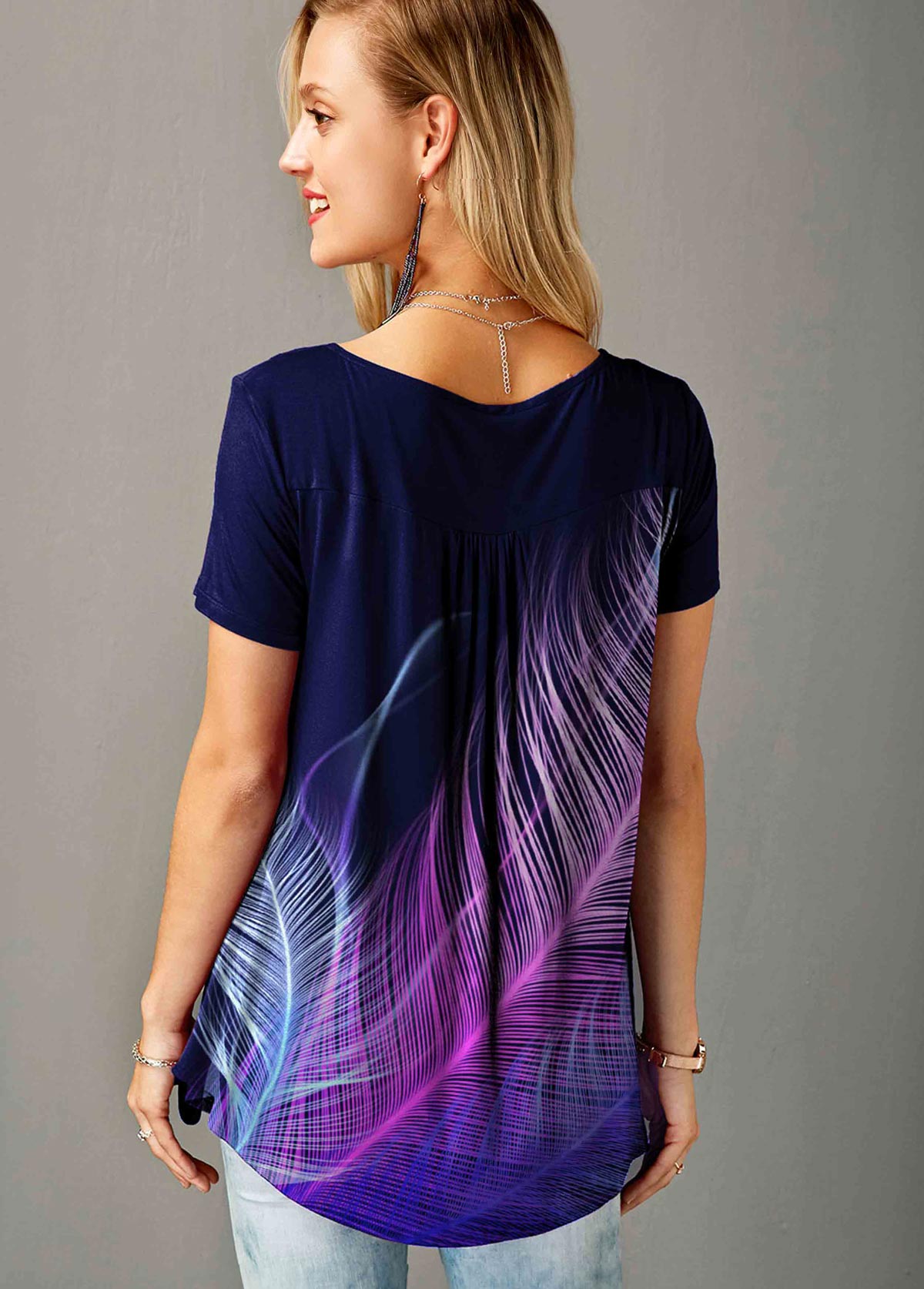 Split Neck Short Sleeve Feather Print T Shirt