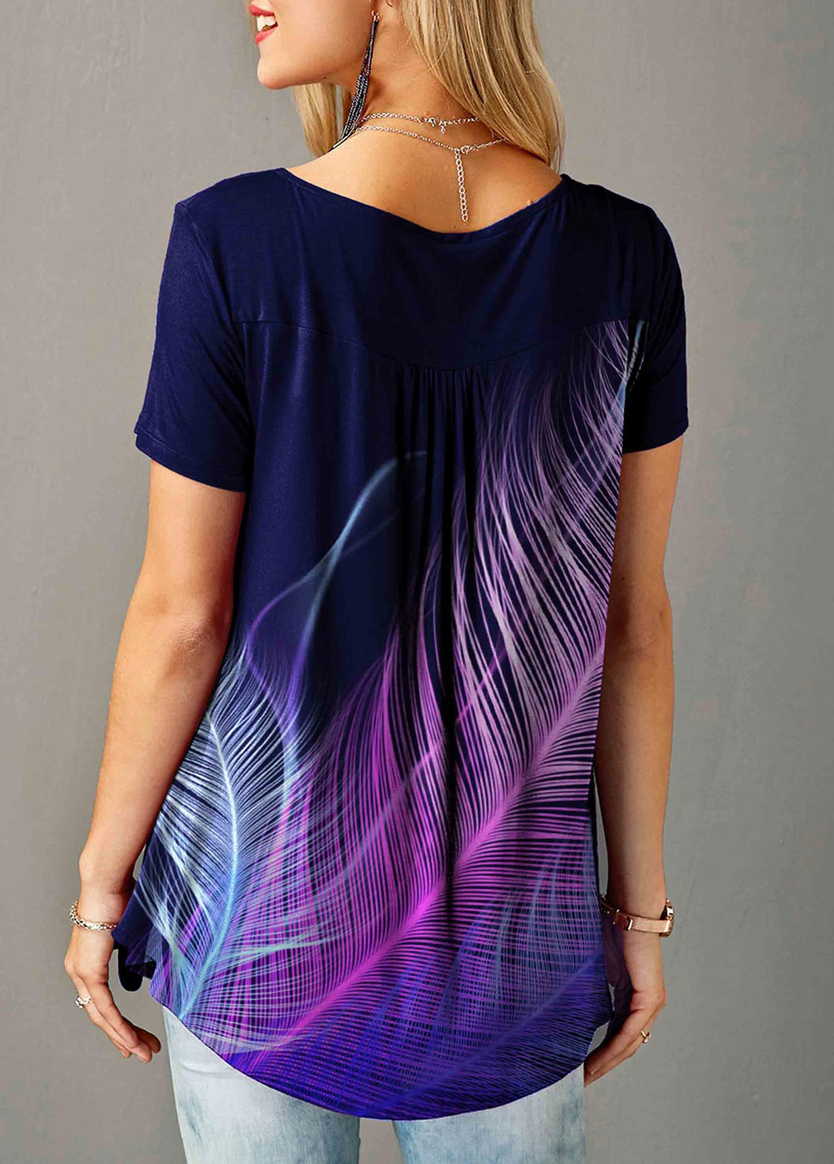 Split Neck Short Sleeve Feather Print T Shirt