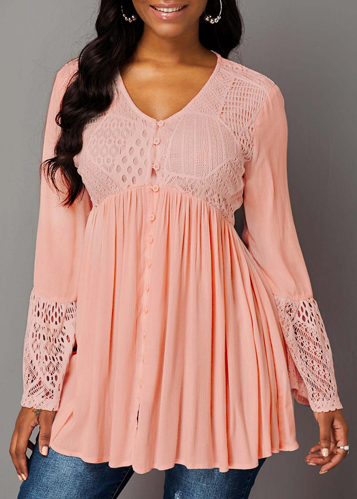 Button Up Lace Panel Long Sleeve Blouse