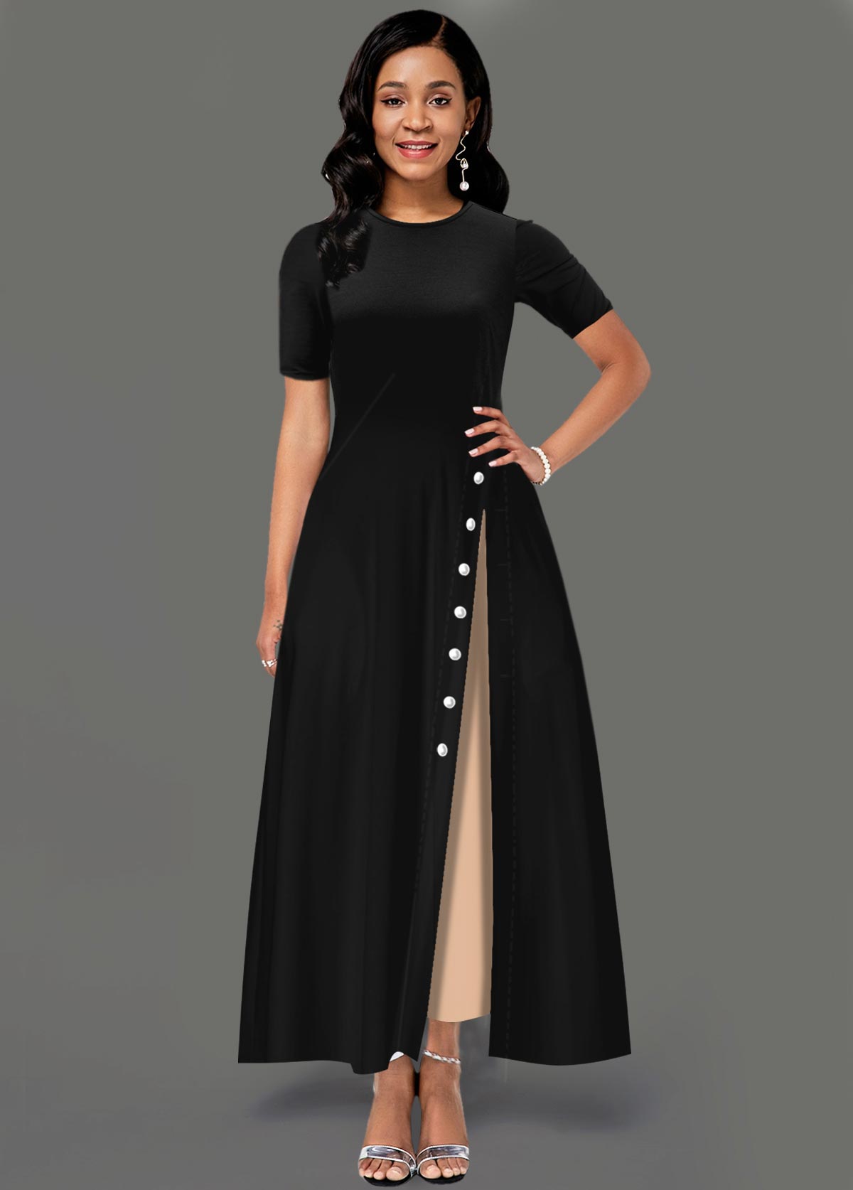 Inclined Button Side Pocket Contrast Maxi Dress
