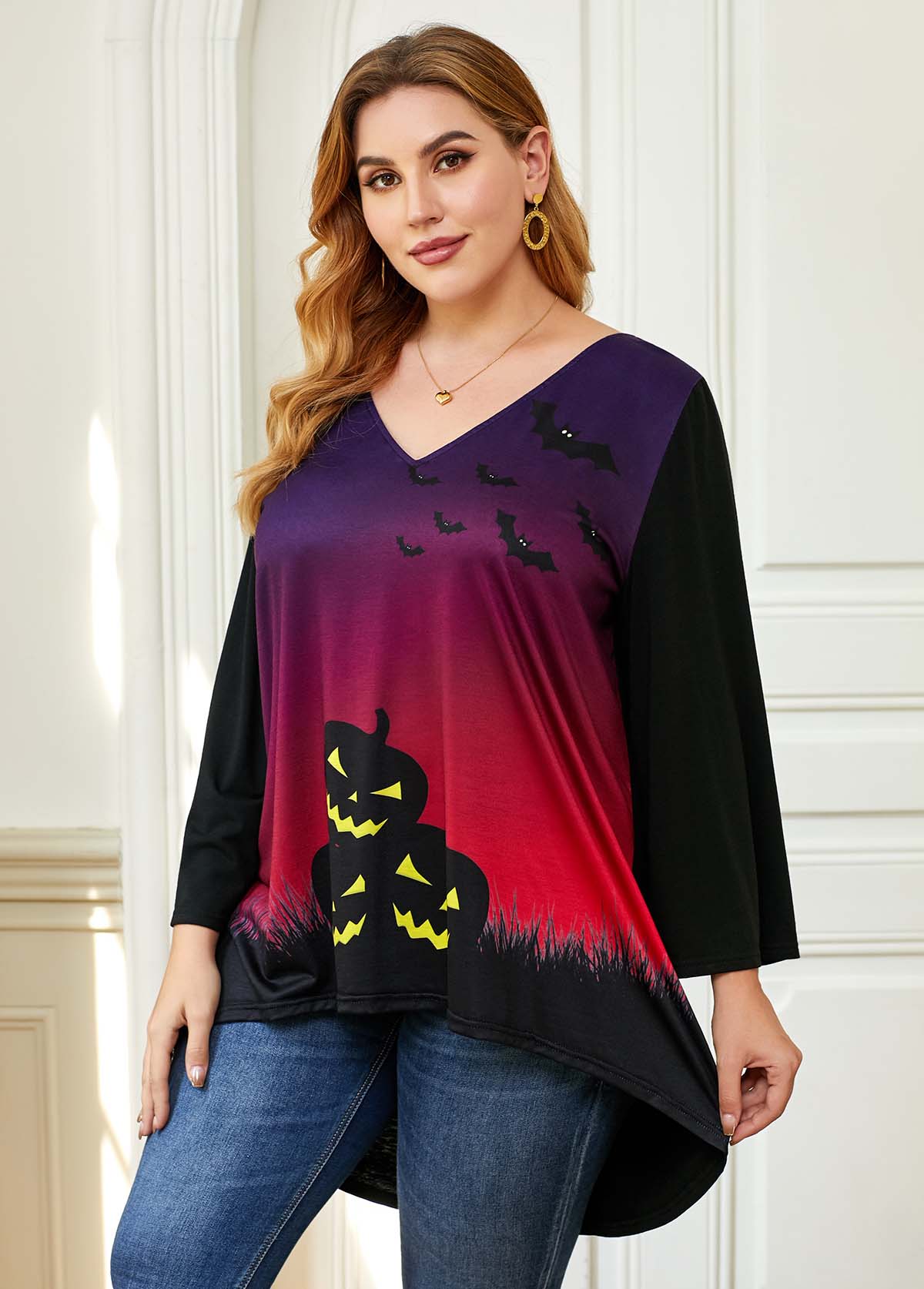 Halloween Print Dip Hem Plus Size T Shirt