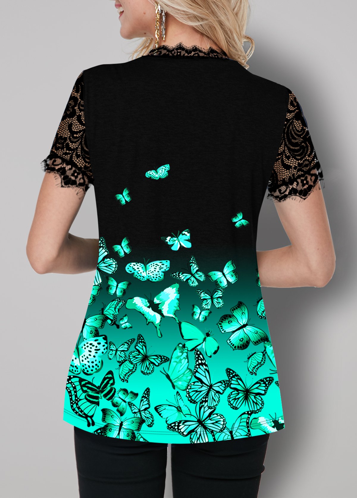 Butterfly Print Lace Panel Ombre T Shirt