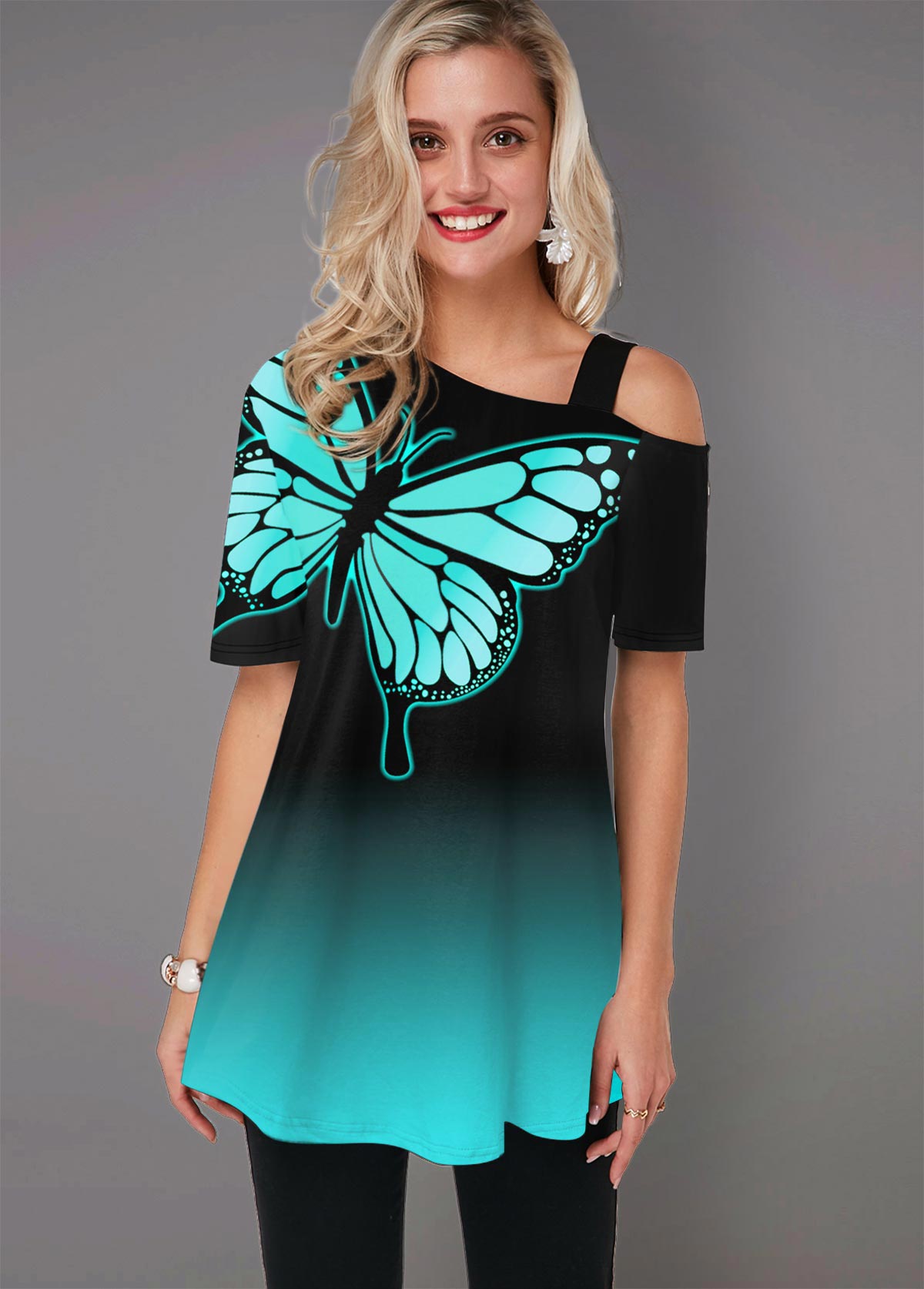 Ombre Butterfly Print Cold Shoulder T Shirt