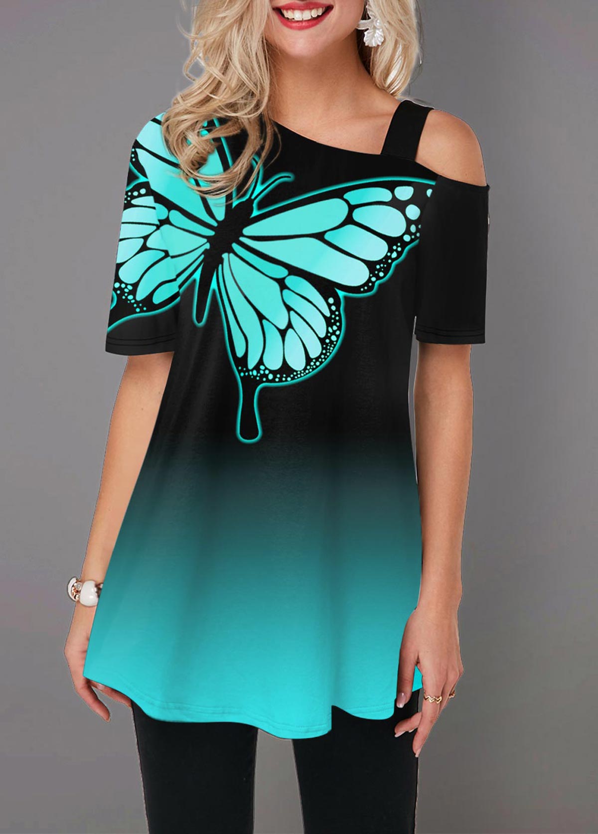Ombre Butterfly Print Cold Shoulder T Shirt