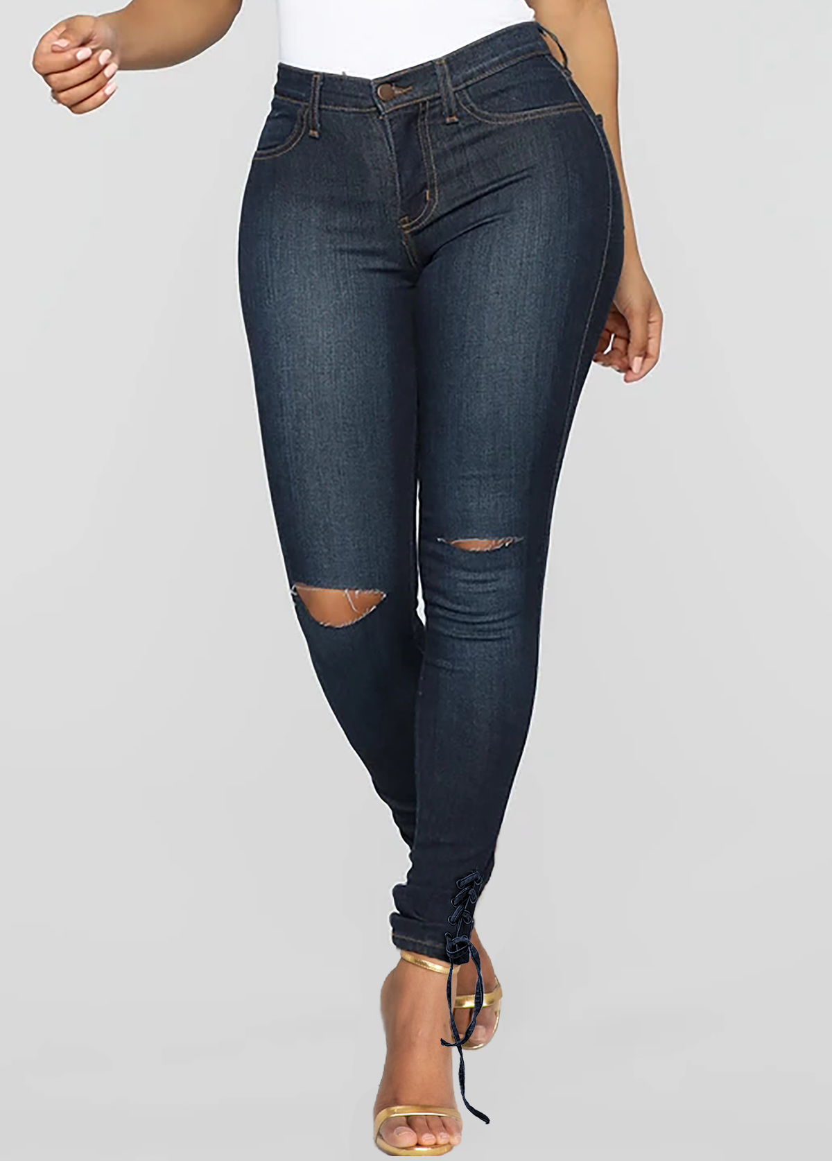 Pocket Shredded Grommet Lace Up Jeans USD 35.87