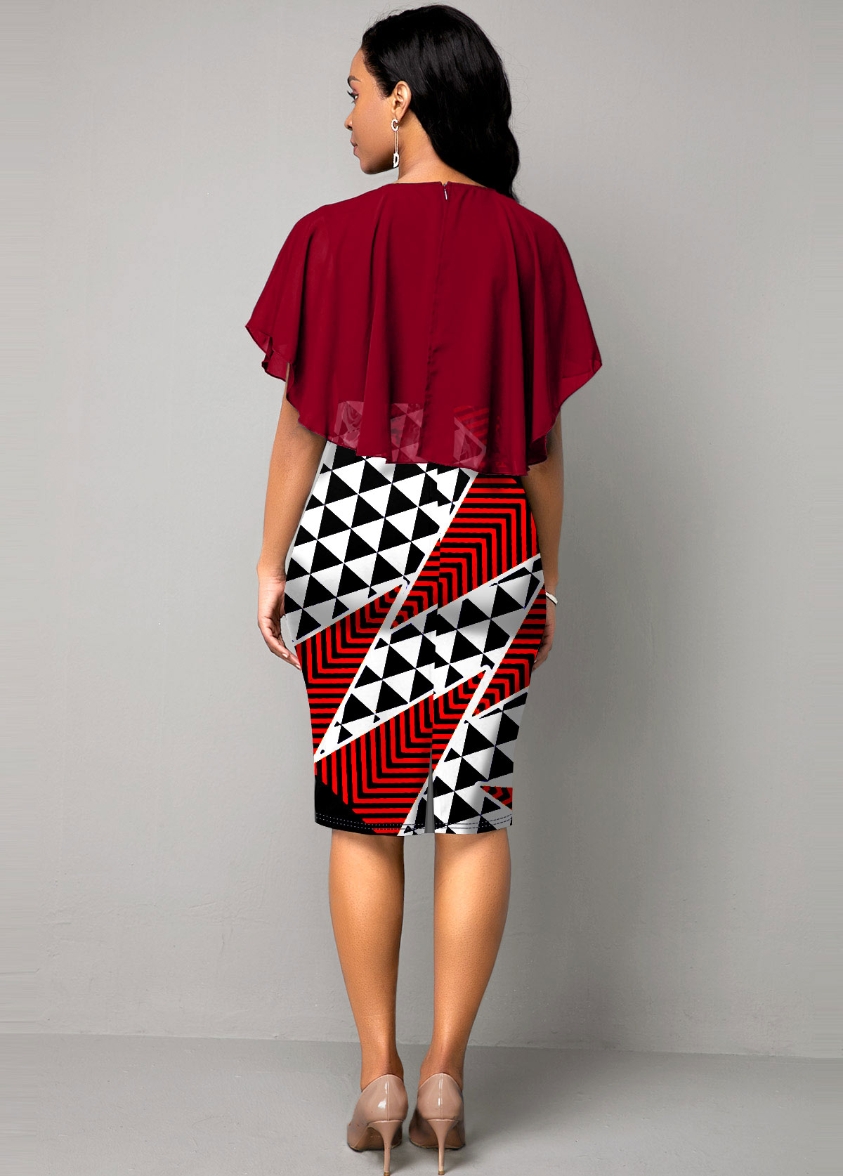 Geometric Print Round Neck Chiffon Overlay Dress