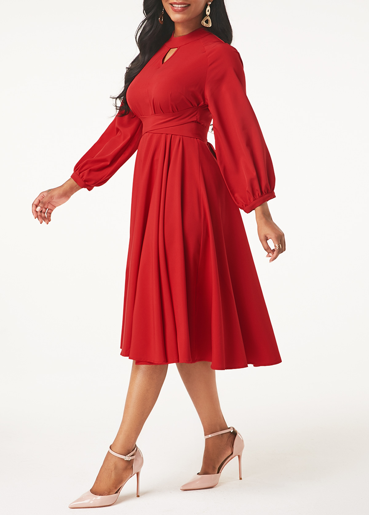 Red Lantern Sleeve Keyhole Neckline Dress USD 32.98