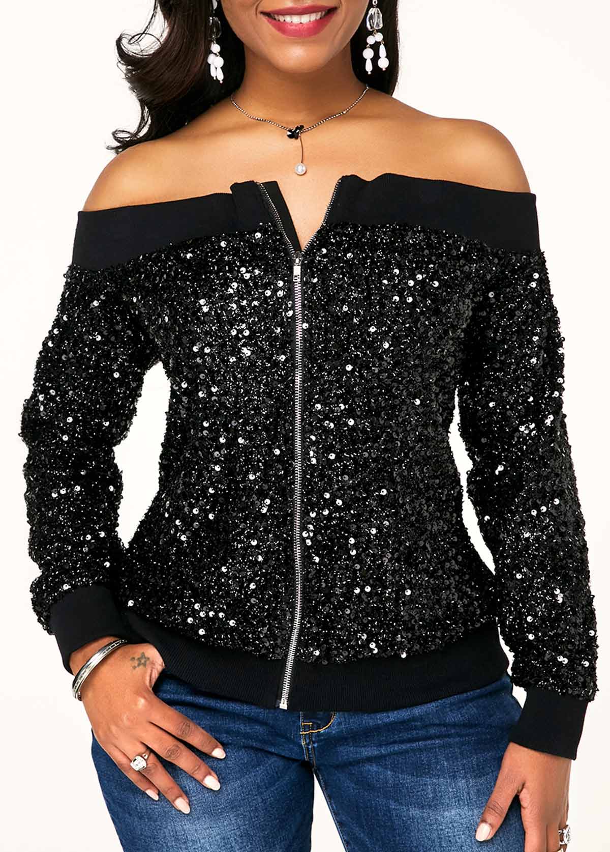 Sequin Zipper Closure Off Shoulder Jacket USD 17.99