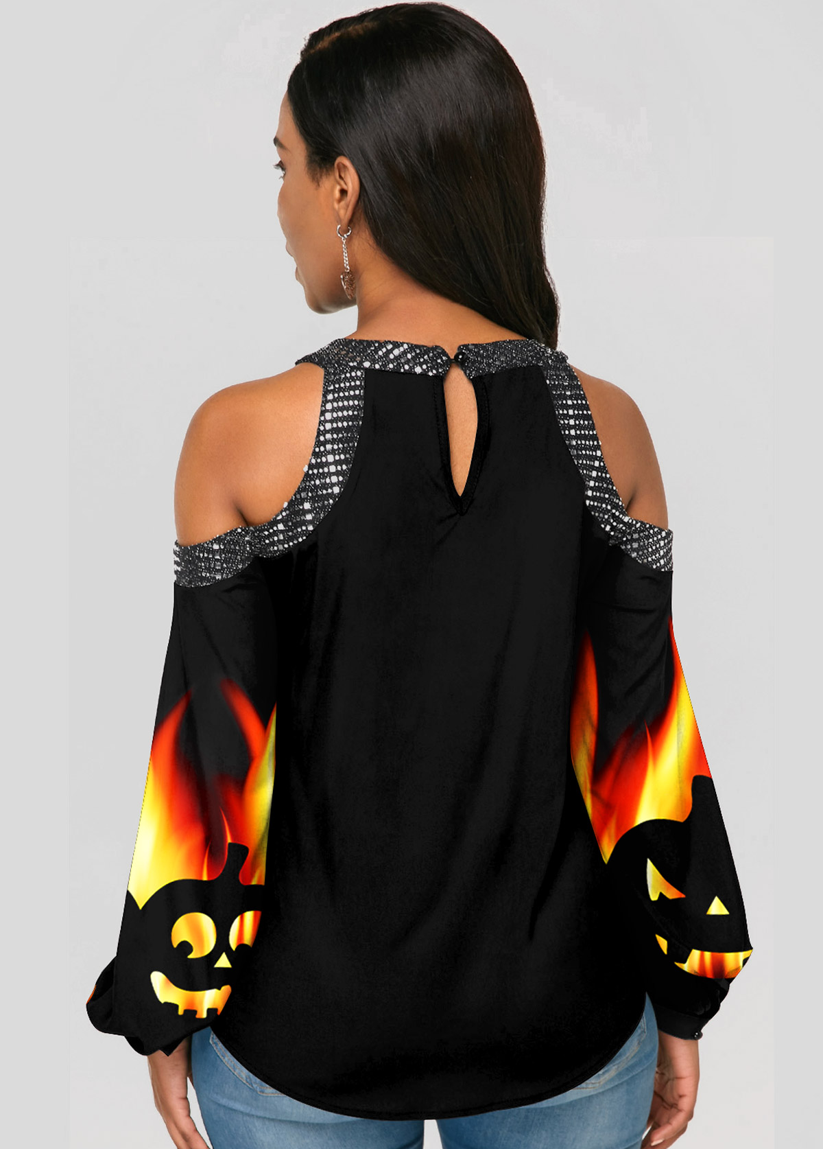 Cold Shoulder Sequin Detail Halloween Print T Shirt