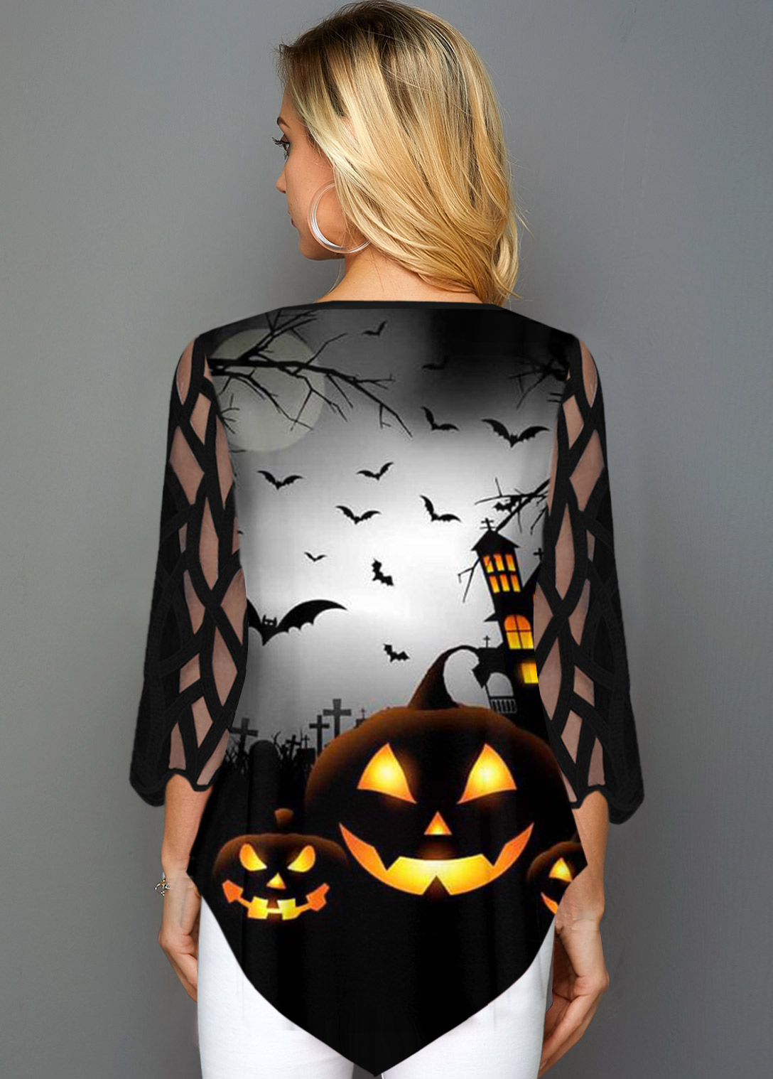 Halloween Print Lace Panel Asymmetric Hem T Shirt