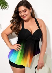 Plus Size Rainbow Color Cross Strap Swimdress and Shorts