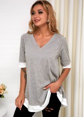 Faux Two Piece Grey V Neck T Shirt