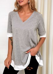 Faux Two Piece Grey V Neck T Shirt