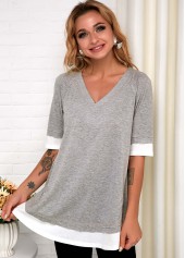 Faux Two Piece Grey V Neck T Shirt