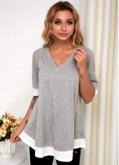 Faux Two Piece Grey V Neck T Shirt