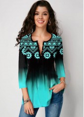 Three Quarter Sleeve Tribal Print Gradient Blouse
