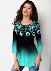 Three Quarter Sleeve Tribal Print Gradient Blouse