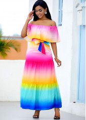 Ruffle Overlay Rainbow Color Printed Maxi Dress