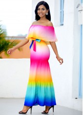 Ruffle Overlay Rainbow Color Printed Maxi Dress