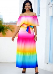 Ruffle Overlay Rainbow Color Printed Maxi Dress