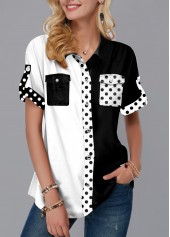 Polka Dot Color Block Chest Pocket Blouse