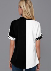 Polka Dot Color Block Chest Pocket Blouse