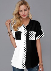 Polka Dot Color Block Chest Pocket Blouse