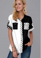 Polka Dot Color Block Chest Pocket Blouse
