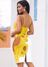Back Slit Sunflower Print Spaghetti Strap Dress
