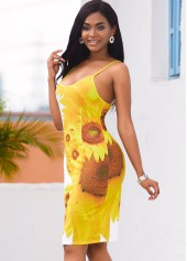 Back Slit Sunflower Print Spaghetti Strap Dress