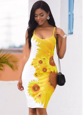 Back Slit Sunflower Print Spaghetti Strap Dress