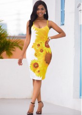 Back Slit Sunflower Print Spaghetti Strap Dress
