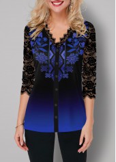 Tribal Print Ombre Lace Panel Button Up T Shirt