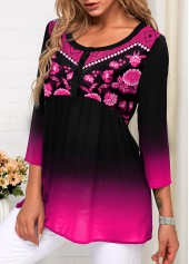 Tribal Print Three Quarter Sleeve Ombre Blouse