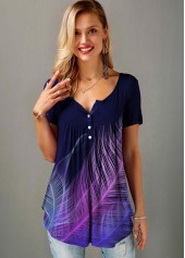 Split Neck Short Sleeve Feather Print T Shirt