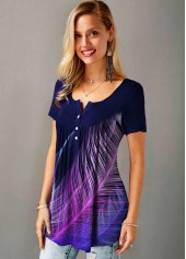 Split Neck Short Sleeve Feather Print T Shirt