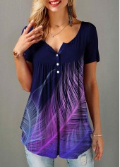 Split Neck Short Sleeve Feather Print T Shirt