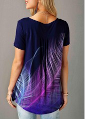 Split Neck Short Sleeve Feather Print T Shirt